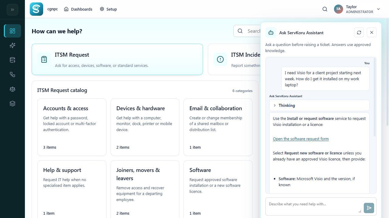 Employee asks for Visio for a client project and the AI assistant links to the software request service